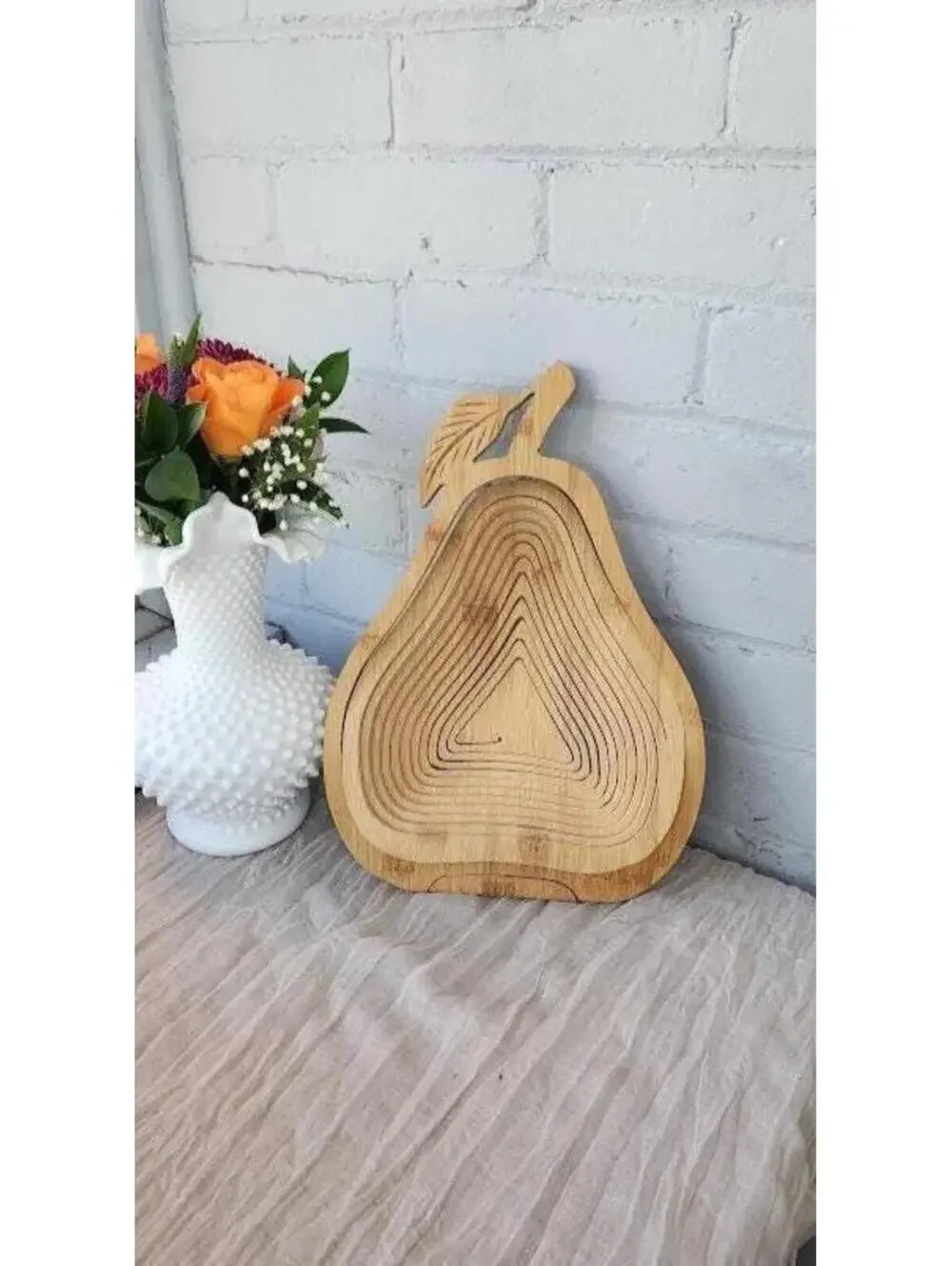 Pear Shaped Collapsible Wooden Basket Bowl Bamboo Farmhouse Decor